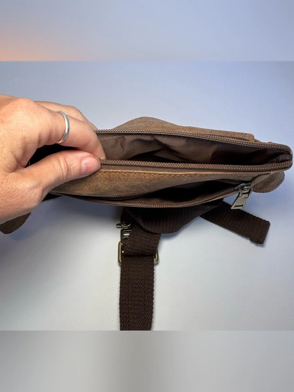 Loyofun Genuine Brown Leather Fanny Pack Waist Bag Brass Metal Buckle Vintage